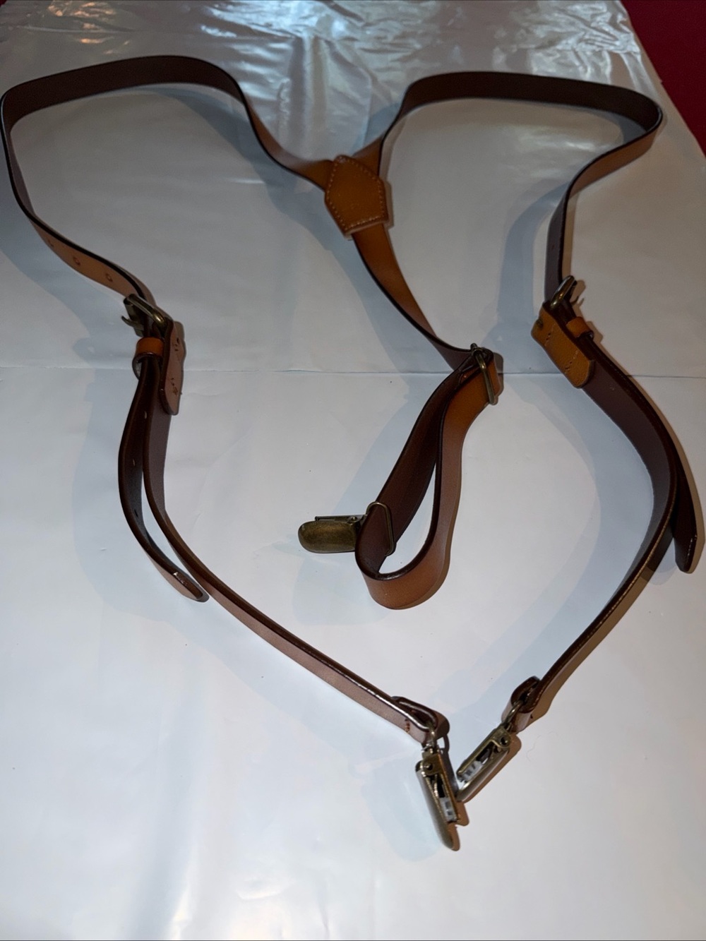 Brown Leather ? Suspenders Heavy Duty Adjustable Buckle copper CLIP ENDS One Sz